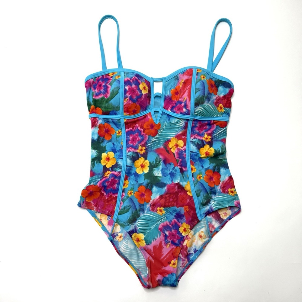 Beach Betty Miracle Brands One Piece Swimsuit‎ M Floral Multicolor Keyhole Blue